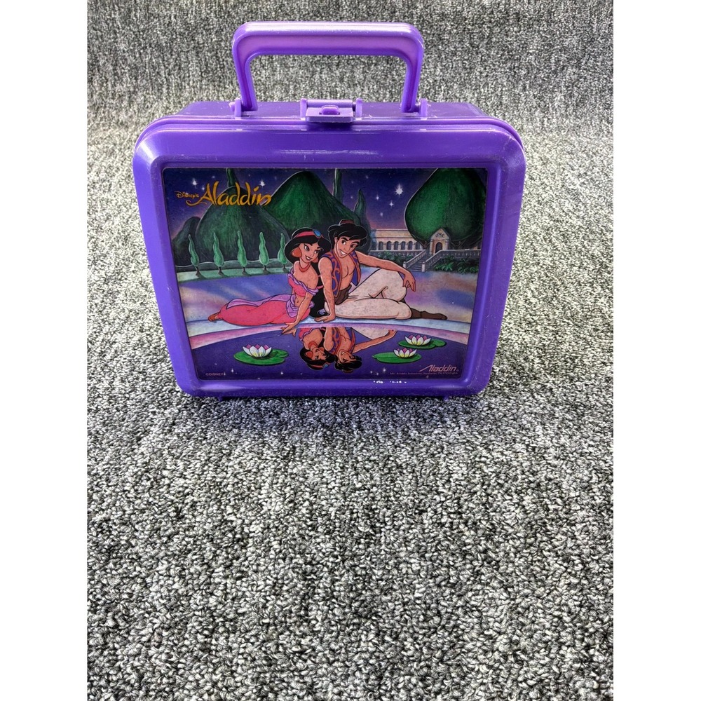 VTG Aladdin Disney Aladdin & Jasmine Purple Plastic Lunch Box Hinged Lid - Empty